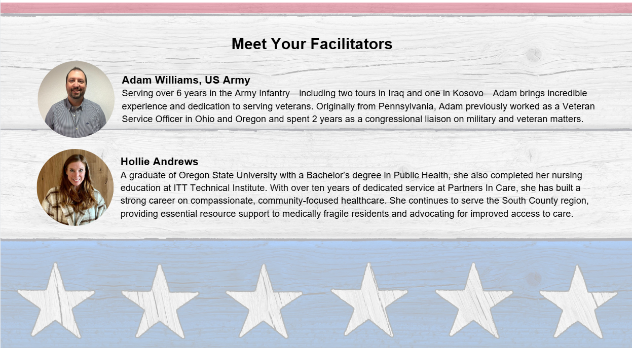 A presentation slide introducing two facilitators, Adam Williams and Hollie Andrews, with their backgrounds and roles highlighted against a rustic backdrop.