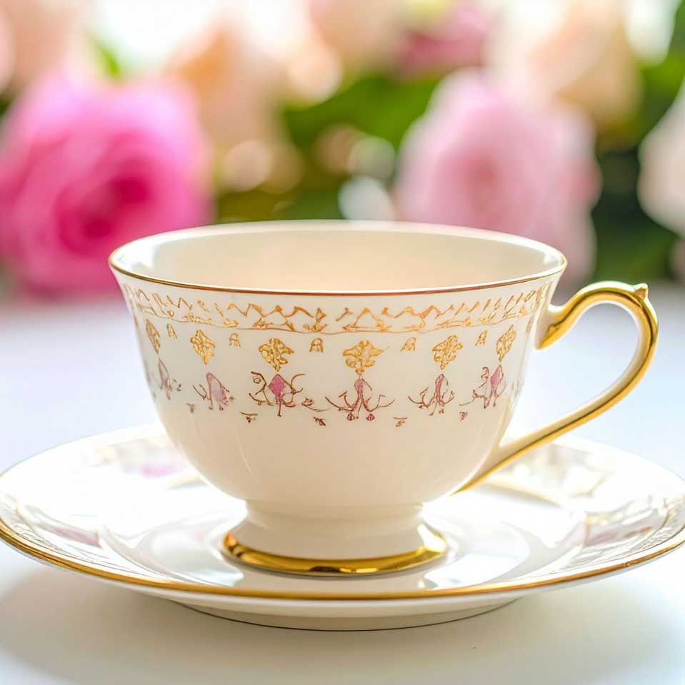 A delicate porcelain tea cup with floral designs and gold accents, resting on a matching saucer amidst a soft floral background.